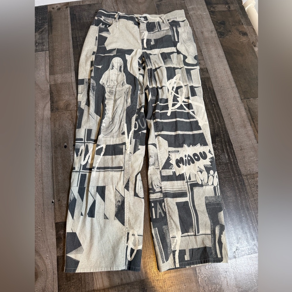 Miaou Fargo Pant Stone Grey Graphic Print Y2K Streetwear Art Jeans M